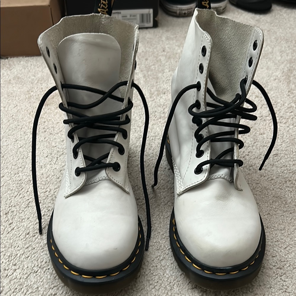 Dr. Martens White Leather Lace-Up Combat Boots with Black Laces